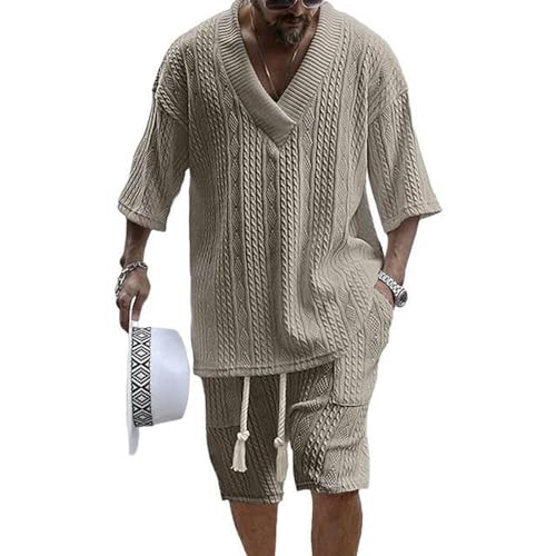 AlHECE Kurze hosen herren Sommer Casual Shorts Set Strick-Kleidung V-Ausschnitt Kurzarm T-Shirt Und Shorts Streetwear Strick-Outfits-Khaki-3Xl von AlHECE