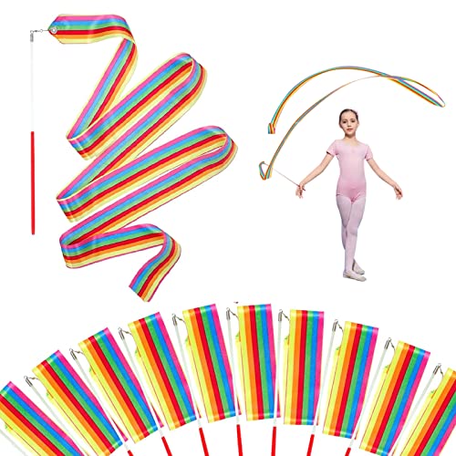 Alicer Regenbogen Tanzband, 10 Stück Tanzbänder Streamer Gymnastikbänder mit Drehbarem Stab, 2 Meter Rhythmikband für Kinder Künstlerisches Tanzen Baton Wirbelndes Training(Regenbogen gestreift) von Alicer