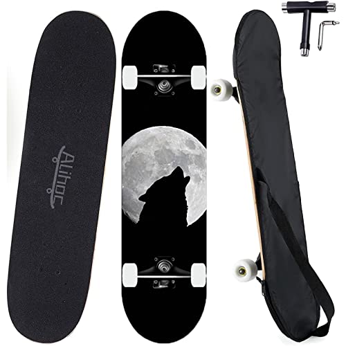 31-Zoll-Standard-Skateboard, 7 Lagen Ahorn-Board-Oberfläche, geeignet für Kinder, Jugendliche, Erwachsene, Anfänger und Profis, mit Einer maximalen Belastung von 150 kg-Nachtwolfskopf von Alihoc