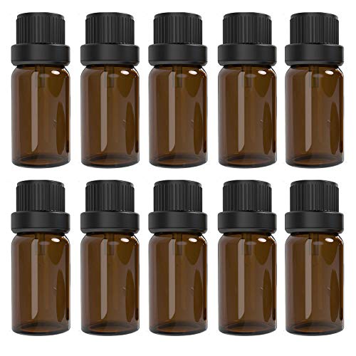 10 Stück, 10 ml ätherische Öle Bernstein Glasflaschen mit schwarzer Kappe und 1 Tropfer und 12 Etiketten - Alledomain Mini Leere Bernsteinflasche Nachfüllbarer Probenbehälter für Massageöle von Alledomain