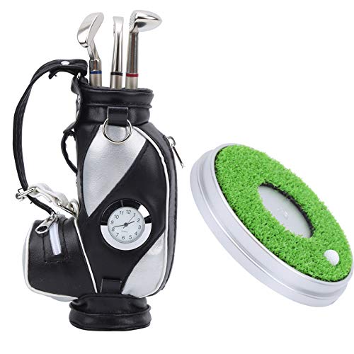 Alomejor Desktop-Golfstift-Set, 3 Kugelschreiber und Minitasche, Golfstifthalter, Ständer mit Elektronischer Uhr (schwarzes Silber) von Alomejor