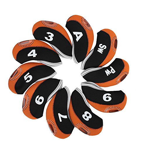 Alomejor Golfschlägerhauben mit Reißverschluss, Zahlendruck, Putter-Set, Schutzhülle, wasserdicht, 3 Farben (Schwarz und Orange), 10 Stück von Alomejor