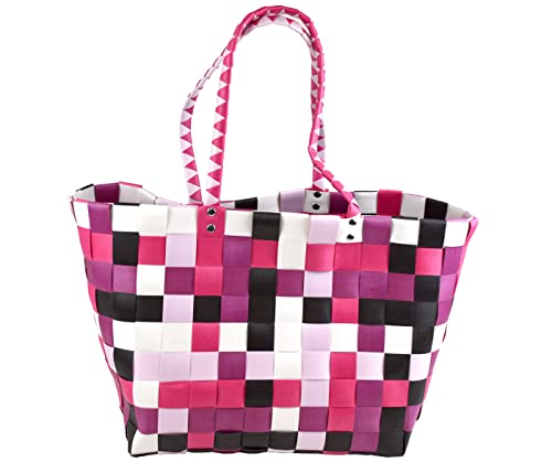 Shopper geflochten Tasche Einkaufstasche Bag mit Henkel Einkaufskorb Korb 31x27x41 cm - 8 kg Traglast - Kunststoff weiß-schwarz-lila von Alsino