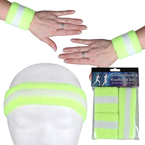 Alsino Stirnband Schweißband Set Damen Herren Sport Elastisch Schweissband Fitness Gestreift Stirn Retro Frottee 80er Jahre Schweißbänder Fasching Karneval (neon gelb - weiß) von Alsino