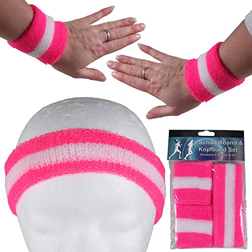 Alsino Stirnband Schweißband Set Damen Herren Sport Elastisch Schweissband Fitness Gestreift Stirn Retro Frottee 80er Jahre Schweißbänder Fasching Karneval (neon pink - weiß) von Alsino