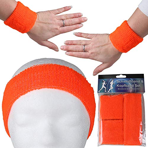 Alsino Stirnband Schweißband Set Damen Herren Sport Elastisch Schweissband Fitness Gestreift Stirn Retro Frottee 80er Jahre Schweißbänder Fasching Karneval (orange) von Alsino