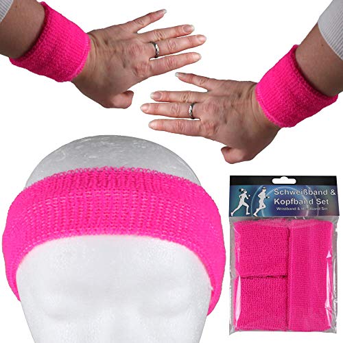 Alsino Stirnband Schweißband Set Damen Herren Sport Elastisch Schweissband Fitness Gestreift Stirn Retro Frottee 80er Jahre Schweißbänder Fasching Karneval (pink) von Alsino