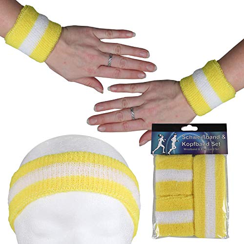 Stirnband Schweißband Set Damen Herren Sport Elastisch Schweissband Fitness Gestreift Stirn Retro Frottee 80er Jahre Schweißbänder Fasching Karneval gelb - weiß von Alsino