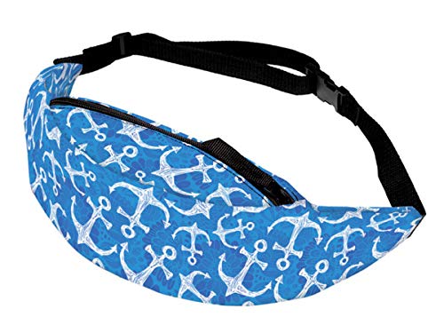 Alsino Unisex Bauchtasche Festival Hippie Hipster Gürteltasche mit Reißverschluss und Innenfach - 13 cm Breit, All-Over Print Motiv, GT-109 blau Anker weiß von Alsino