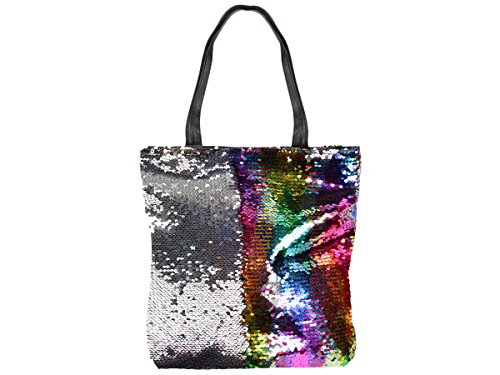 Alsino Pailletten Shopper Tasche Geräumige Strandtasche mit Wendepailletten 37 cm x 34 cm mit Reißverschluss Tragetasche Schultertasche, Variante wählen:TT-P06 Rainbow Silber von Alsino