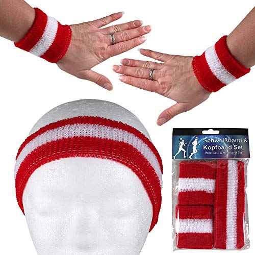 Alsino Stirnband Schweißband Set Damen Herren Sport Elastisch Schweissband Fitness Gestreift Stirn Retro Frottee 80er Jahre Schweißbänder Fasching Karneval (rot - weiß) von Alsino