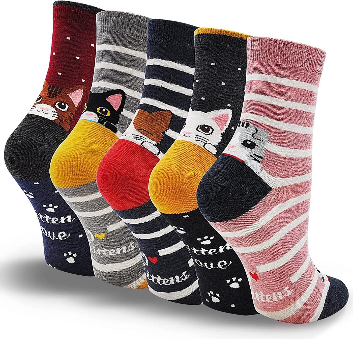 Alster Herz Freizeitsocken 5x lustige Socken, Katzenmotiv, bunt, trendy, süßes Design, A0344 (5-Paar) atmungsaktiv von Alster  Herz