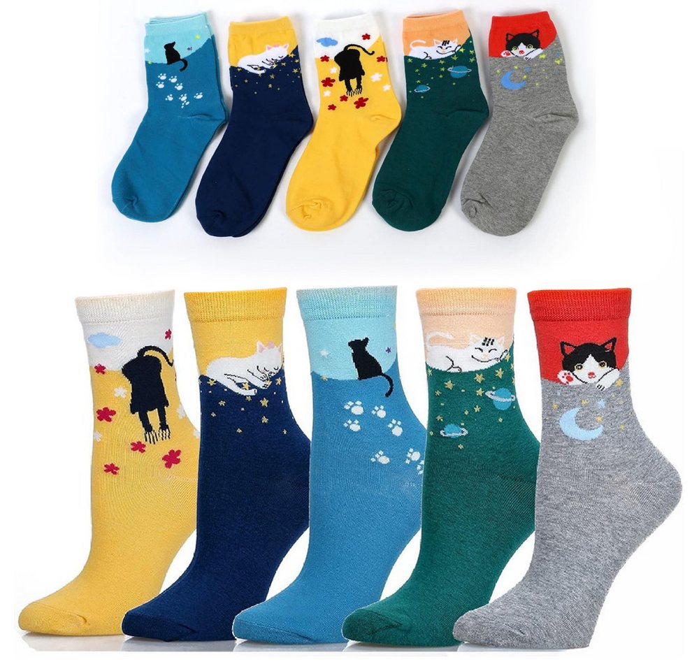 Alster Herz Freizeitsocken 5x lustige Socken, Katzenmotiv, bunt, trendy, süßes Design, A0550 (5-Paar) farbenfroh, elastisch von Alster  Herz