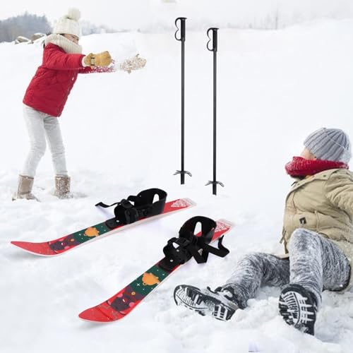 Altsuceser Schneeski und Stöcke für Kinder mit Bindungen, niedrigresistente Ski-Boards für Kinder ab 4 Jahren, leicht, stabil, sichere Kinder-Skiausrüstung, mit weihnachtlichem Muster von Altsuceser