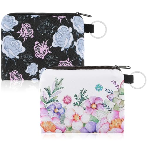 Amabro 2 Stück Reißverschluss Wechseltasche, Mini Geldbeutel Täschchen Schlüsseltasche Kosmetiktasche Klein Leinwand Blumen Münztasche Organizer Geldbörse Schlüsselanhänger Brieftasche Federmäppchen von Amabro