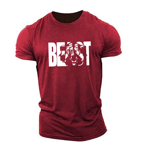 Amacigana Slim-Fit Fitness Tshirt für Herren, Beast Sportshirt aus Baumwolle Kurzarm T-Shirts Langes Rundhals Muskel Fitness Top (1,XXL) von Amacigana