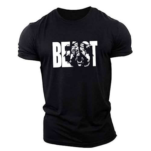 Amacigana Slim-Fit Fitness Tshirt für Herren, Beast Sportshirt aus Baumwolle Kurzarm T-Shirts Langes Rundhals Muskel Fitness Top (2,XL) von Amacigana