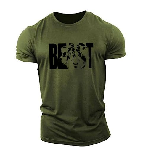 Amacigana Slim-Fit Fitness Tshirt für Herren, Beast Sportshirt aus Baumwolle Kurzarm T-Shirts Langes Rundhals Muskel Fitness Top (7,L) von Amacigana