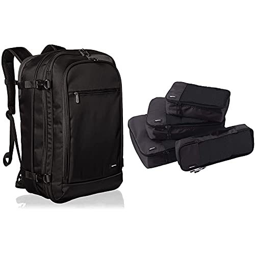 Amazon Basics Handgepäck Reiserucksack, mit Tragegriff und Schultergurt, 25+10L, 1,7kg, Schwarz & Kleidertaschen-Set, 4-teilig, je 1 kleine, mittelgroße, große und schmale Packtasche, Schwarz von Amazon Basics