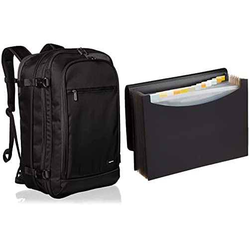 Amazon Basics Handgepäck Reiserucksack, mit Tragegriff und Schultergurt, 25+10L, 1,7kg Eigengewicht, Schwarz & Dokumentenmappe A4, Fächermappe - Schwarz von Amazon Basics