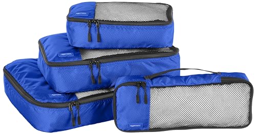 Amazon Basics Kleidertaschen-Set, 4 Stück, je 1 Schmal, Klein, Mittelgroß, Groß und schmale Packtasche, Reißverschluss, Blau von Amazon Basics