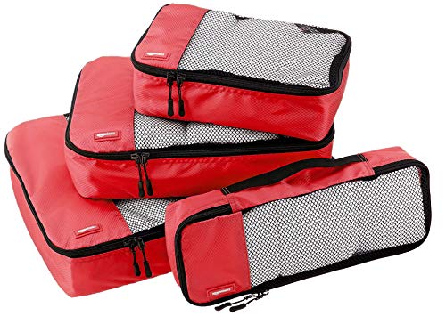 Amazon Basics Kleidertaschen-Set,4 Stück, je 1 Schmal, Klein, Mittelgroß, Groß und schmale Packtasche, Reißverschluss, Rot von Amazon Basics