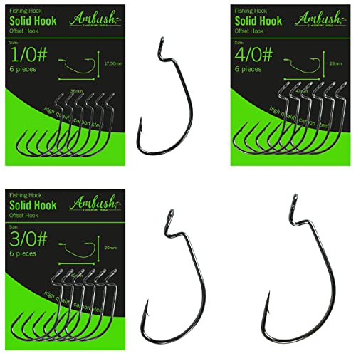 Solid Hook/Offset Angelhaken/Größe 1,3,4#/ extrem scharf/Karbonstahl/mit Widerhaken zum Angeln, am Cheburashka, Dropshot Rig auf Barsch, Zander und Hecht und Raubfische (Set 1#,3#,4# (18 TLG.)) von Ambush Tackle