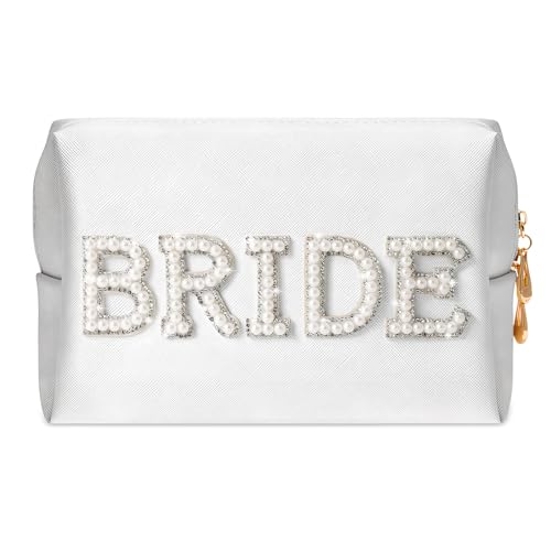Amexo Bride Make-up-Tasche Bride Perle Buchstaben Kosmetiktasche Wasserdicht PU-Leder Reise Schminktasche für Frauen Mädchen Tragbare Weiß Organizer Tasche für Brautparty Hochzeit von Amexo