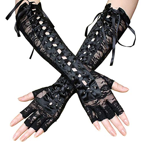 Amorar Frauen-reizvolle Schnürsenkel-Handschuh-Niet-halbe Finger-Abend-Partei-Formale Brauthandschuhe Lange Kostümhandschuhe von Amorar