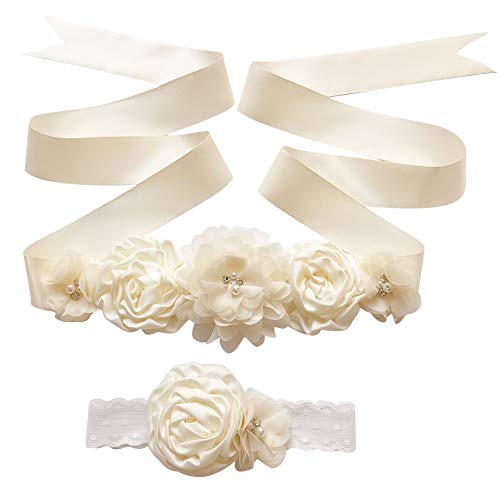 Amorar Stirnband Kleid Gürtel Set Frauen Mädchen Blumen Kranz Krone Haarband Girlande Kleid Schärpe Strass Taillengürtel Hochzeit Party Brautjungfernkleider Brautgürtel Zubehör Fotografie Requisiten von Amorar