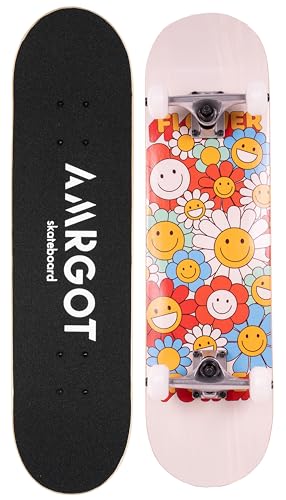 Amrgot Skateboards für Anfänger, 78,7 x 20,3 cm, komplettes Skateboard für Kinder, Jungen, Mädchen und Erwachsene, 7-lagiges Ahornholz, Doppel-Kick-Deck konkav, Standard- und Trick-Skateboard (Blume) von Amrgot