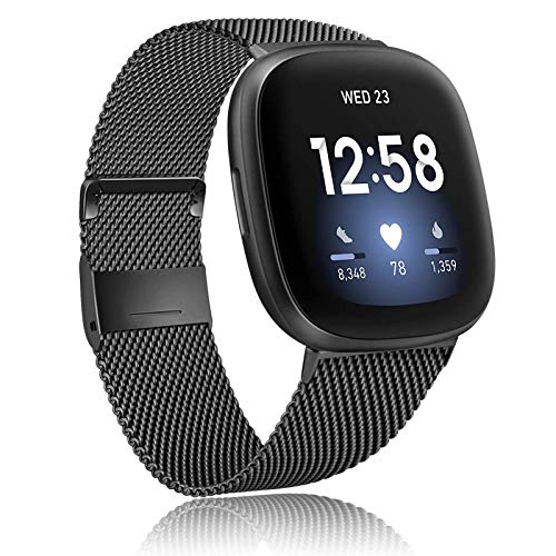 Amzpas Kompatibel mit Fitbit Versa 3 Armband/Fitbit Sense Armband, Metall Edelstahl Ersatzarmbänder mit Magnetschloss für Fitbit Versa 3/Sense (S, Schwarz) von Amzpas