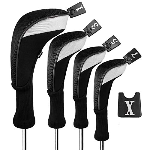 Andux Golf 460cc Driver Kopfhüllen Golfschläger mit langem Hals Holzkopfhüllen 4 Stück Schwarz von Andux