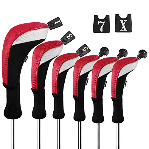 Andux 6pcs/Set Golf Club Head Covers Long Neck (3pcs Hybrid Covers + 3pcs Wood Covers) (Black/Red) von Andux