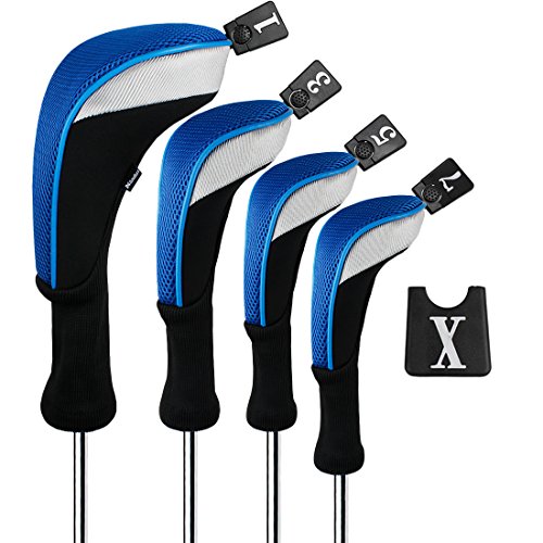 Andux Golf 460cc Driver Kopfhüllen Golfschläger mit langem Hals Holzkopfhüllen 4 Stück Blau von Andux