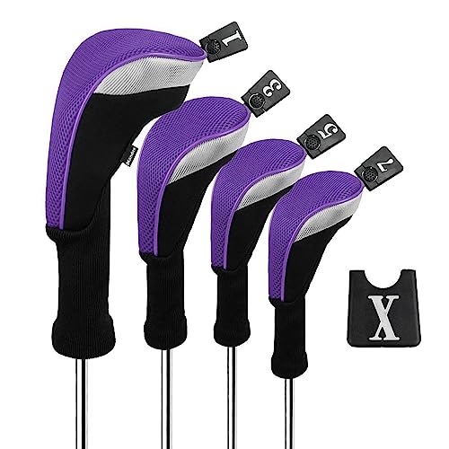 Andux Golf 460cc Driver Kopfhüllen Golfschläger mit langem Hals Holzkopfhüllen 4 Stück Violett von Andux