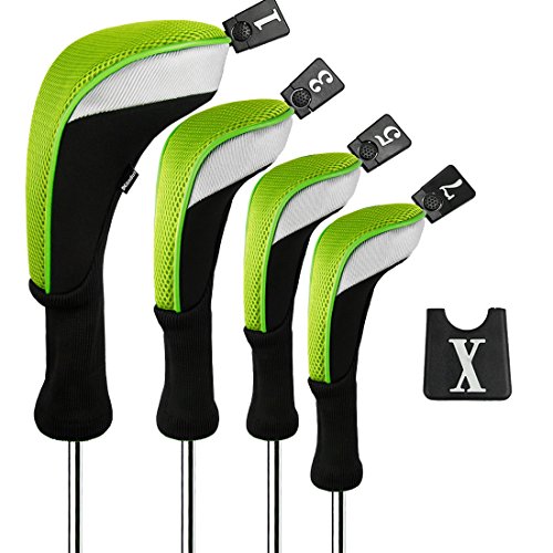 Andux Golf 460cc Driver Kopfhüllen Golfschläger mit langem Hals Holzkopfhüllen 4 Stück Grün von Andux