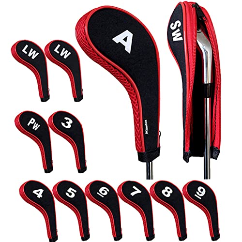 Andux Golfschläger Schlägerhauben Zahlendruck Langer Hals Reißverschluss 12 Stück/Set Schwarz/Rot von Andux