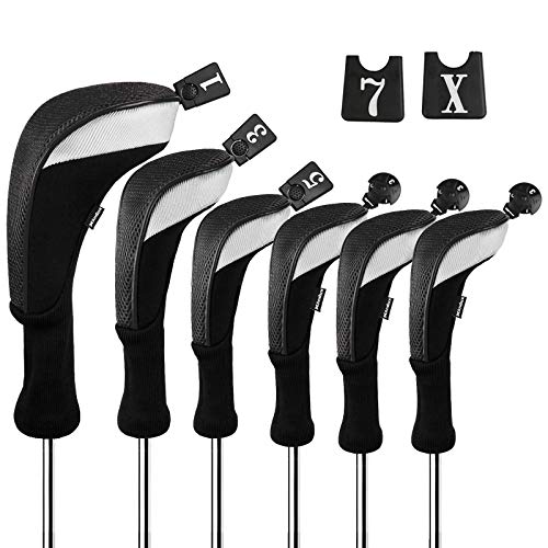 Andux Golfschlägerhauben-Set mit langem Hals (3 Hybrid-Abdeckungen + 3 Holzabdeckungen), Schwarz von Andux