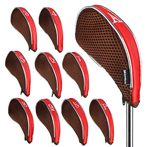 Andux Golfschlägerhauben aus Eisen, mit Reißverschluss, für Links- und Rechtshänder, 10 Stück/Set (Kaffee/Rot) von Andux
