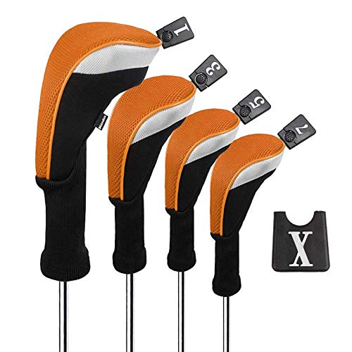 Andux Golf 460cc Driver Kopfhüllen Golfschläger mit langem Hals Holzkopfhüllen 4 Stück Orange von Andux