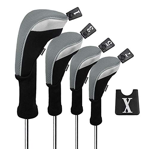 Andux Golf 460cc Driver Kopfhüllen Golfschläger mit langem Hals Holzkopfhüllen 4 Stück Grau von Andux
