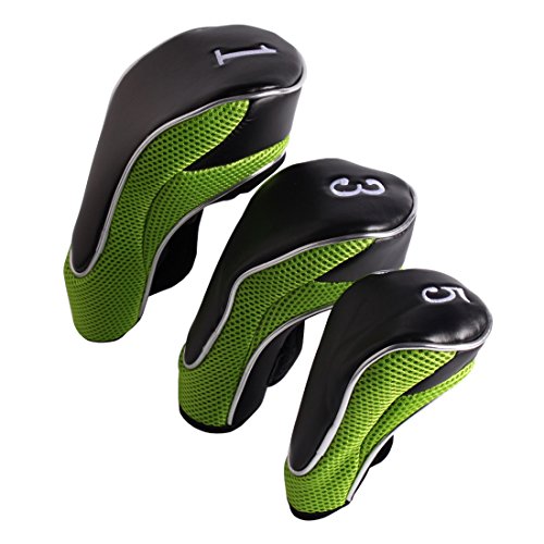 Andux Golfschlägerhauben aus Holz für 460cc Driver mit Haken & Schlaufe 3er-Set (schwarz/grün) von Andux