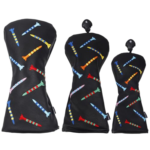 Andux PU gestreifte Tees Muster 3er Pack/Set Golf 460cc Fahrer Fairwayhölzer Schlägerkopfhauben (Schwarz) von Andux