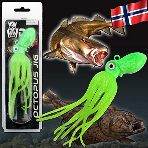 Angel-Berger Wild Devil Baits Octopus Jig Dorsch Heilbutt Seelachs Köder Pilker Meeresangeln Gummifisch (Green Flash, 150g) von Angel-Berger