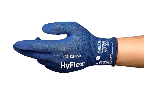 Ansell HyFlex 11-819 Dünne Arbeitshandschuhe, Rutschfeste Nitril-Beschichtung, Schutzhandschuhe vor Elektrostatischen Entladungen, Antistatisch, TouchScreen, Blau, Größe L (1 Paar) von Ansell