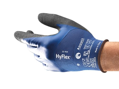 Ansell HyFlex 11-925 Ölabweisenden Arbeitshandschuhe, Rutschfeste Nitril-Beschichtung, Wasserdichte Schutzhandschuhe für Industrie und Mechanik, Dünne Montagehandschuhe, Blau, Größe S (1 Paar) von Ansell