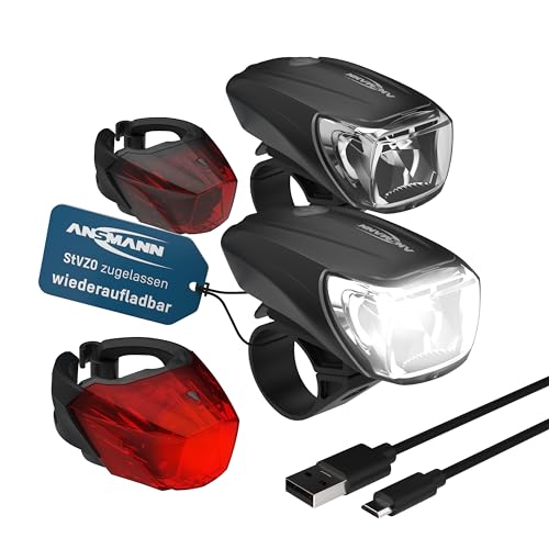 ANSMANN Fahrradlicht 2er Bundle Set StVZO zugelassen mit CREE LED, 140 m Leuchtweite 35 Lux 170 Lumen IPX4 Akkubetrieben aufladbar über USB Vorderlicht & Rücklicht von Ansmann