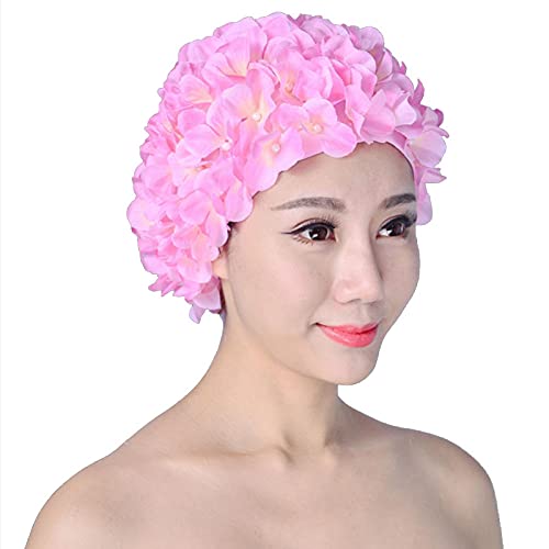 Anwangda Badekappe für Damen, atmungsaktiv, weich, bequem, Blumenmuster, klassisch, Retro, 3D-Blütenblatt, handgefertigt, Rosa von Anwangda
