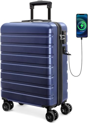 AnyZip AZ101 Handgepäck Koffer Leicht Hartschalenkoffer Reisekoffer Trolley Rollkoffer mit TSA Schloss und 4 Rollen USB（Dunkelblau,M） von AnyZip